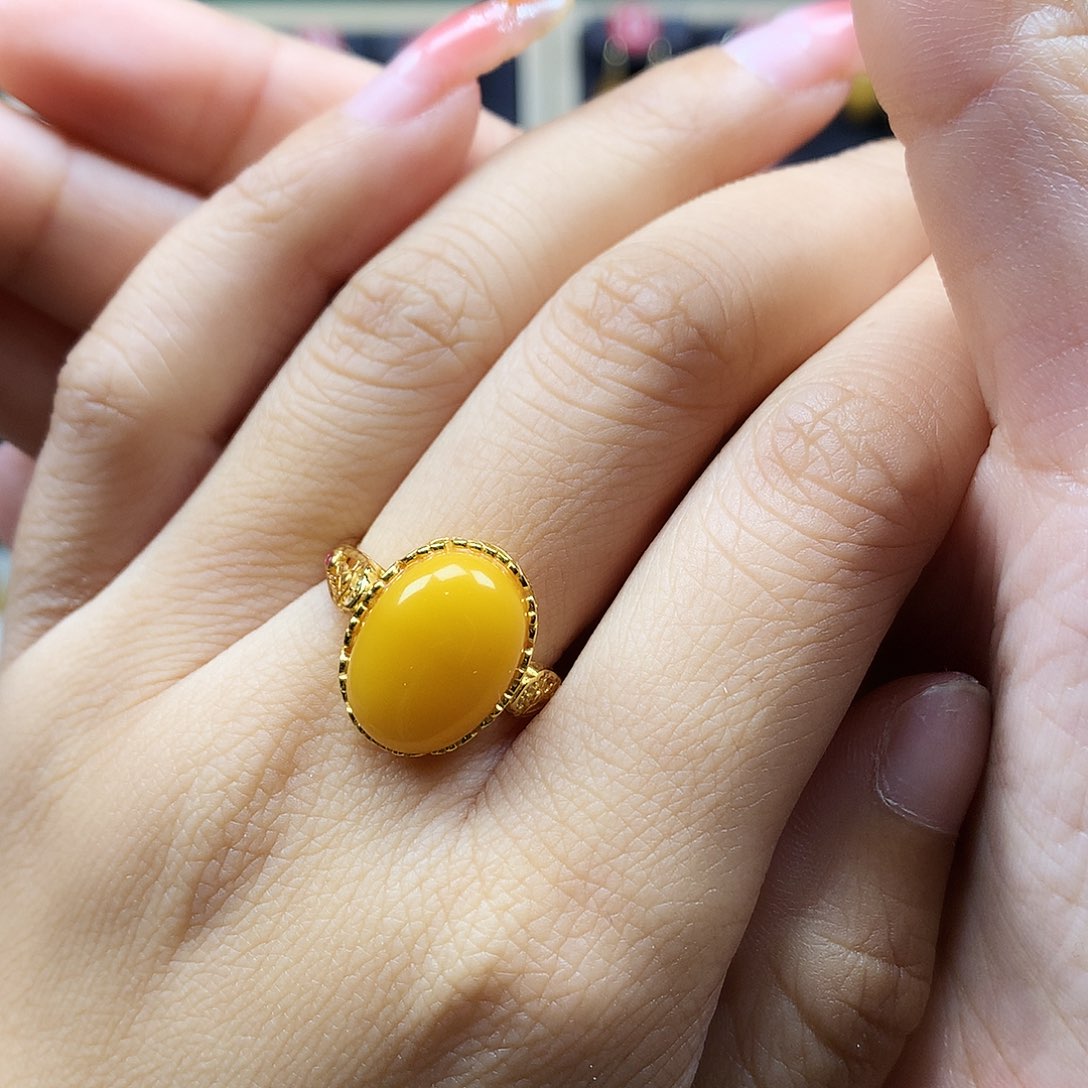 蜜蜡戒指银S925镶嵌戒指