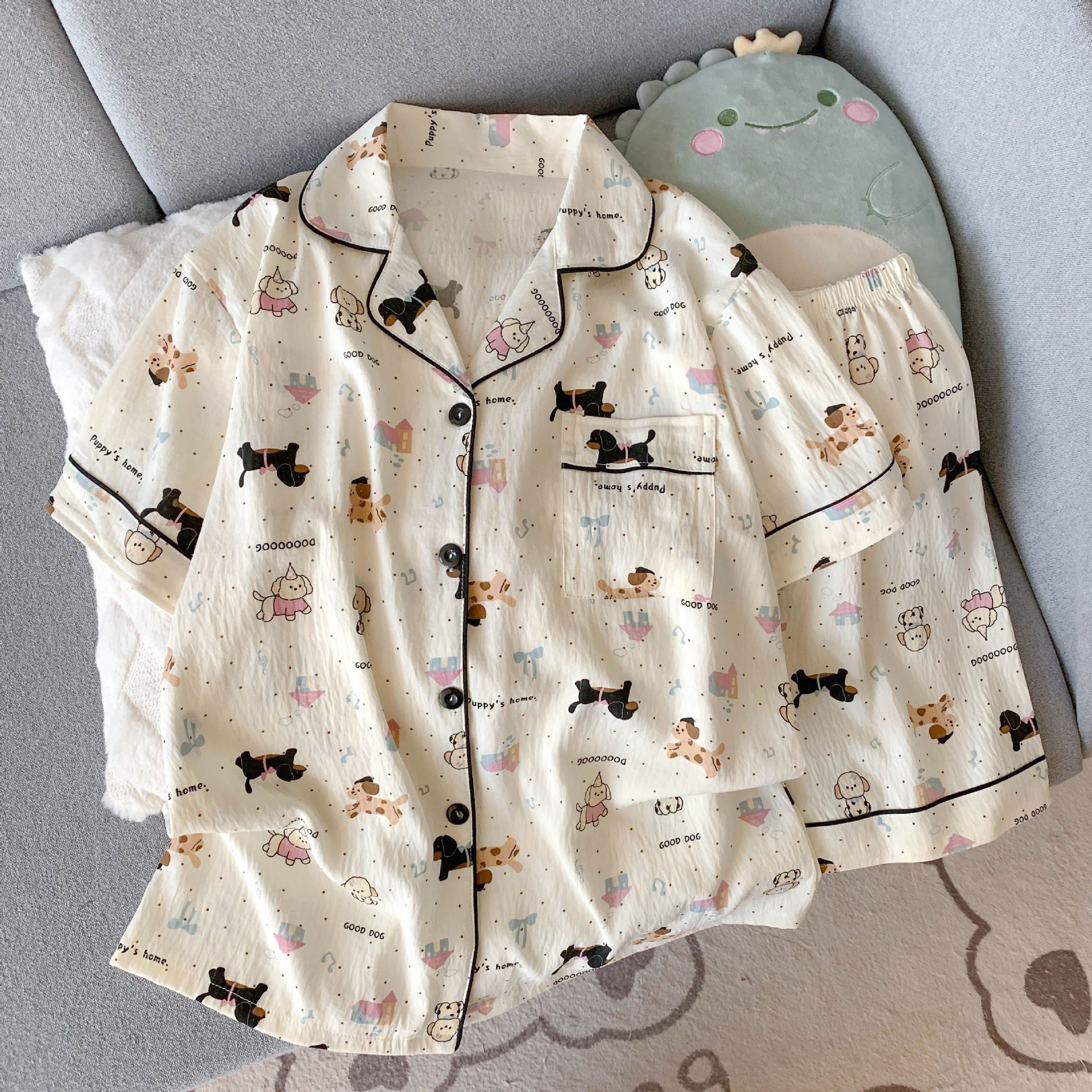 网红ins卡通睡衣女款夏季云朵棉薄款可外穿短袖短裤两件套家居服