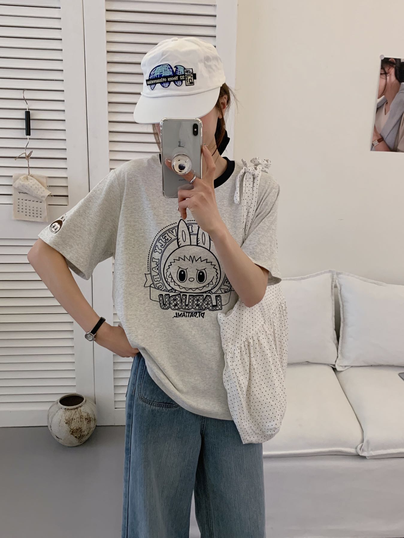 T624#夏季新款重工刺绣钢牙兔兔撞色领短袖