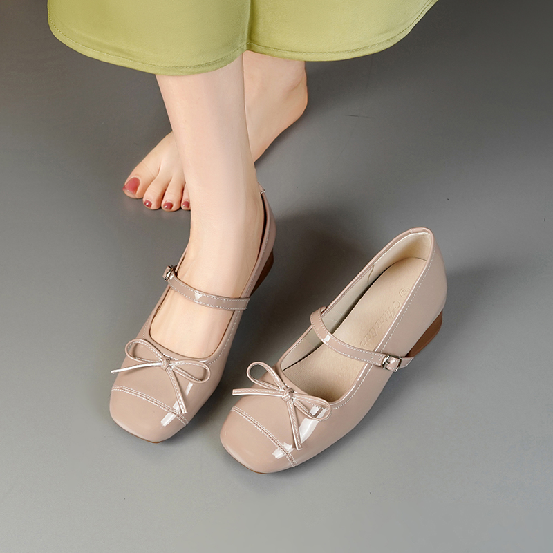 新款宽胖脚甜美玛丽珍女鞋法式蝴蝶结方圆头软皮单鞋增高高跟鞋