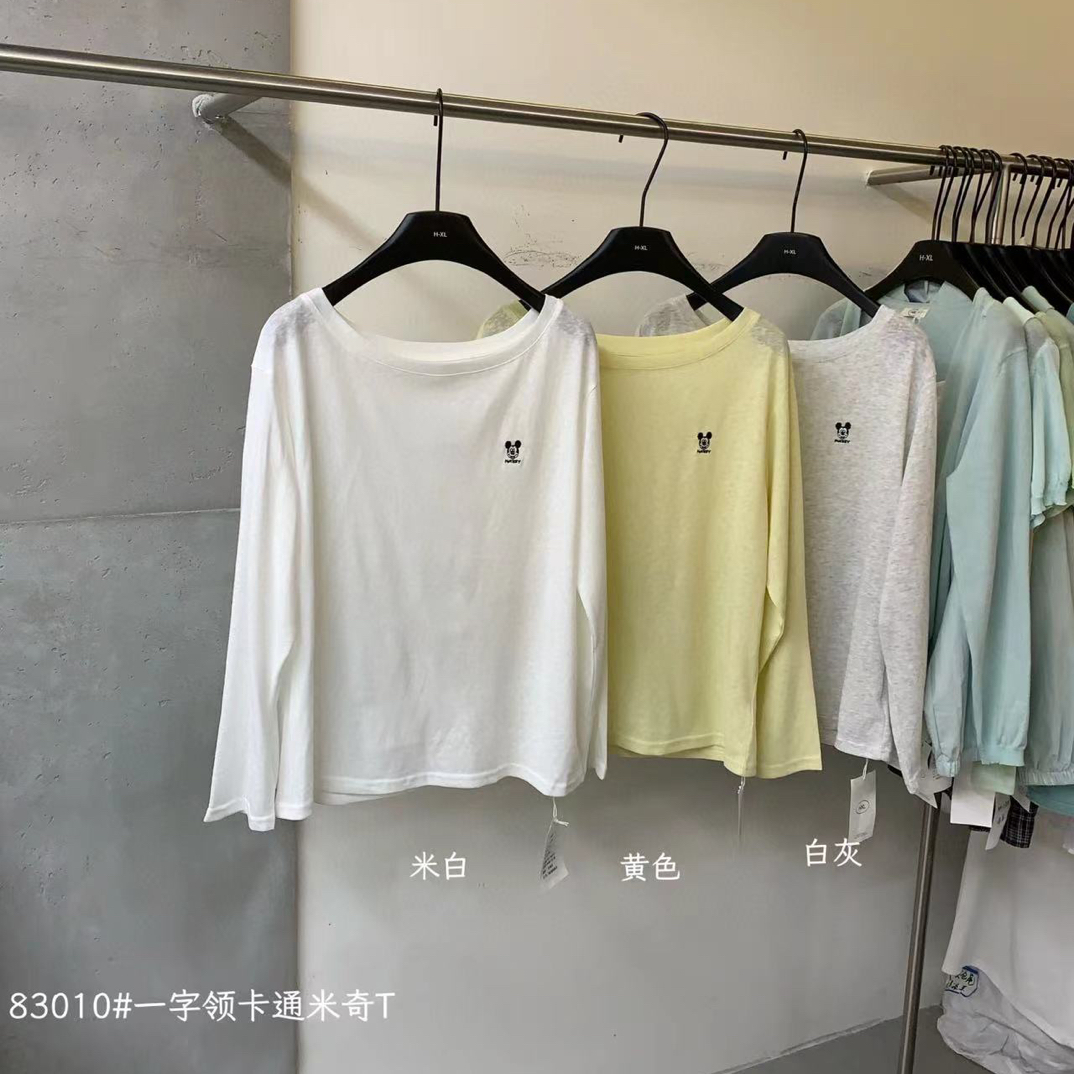 HXL@83010 韩系简约百搭一字领米奇刺绣长袖4-26