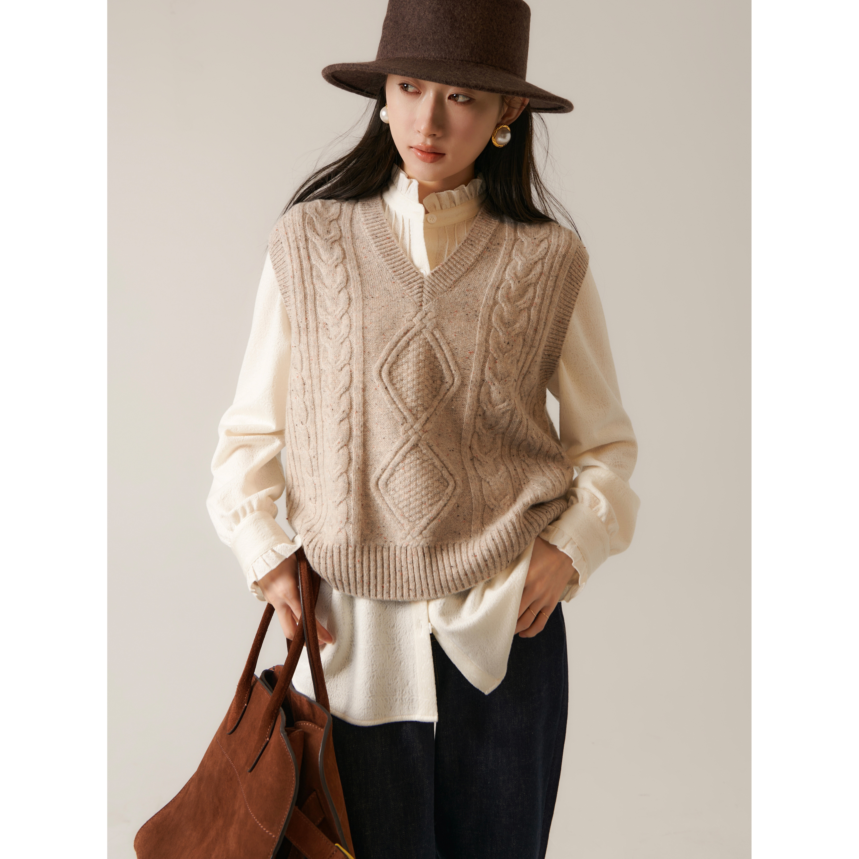 南瓜谷 【彩点纱羊绒马甲】毛衣背心女秋冬复古v领叠穿上衣Z1518