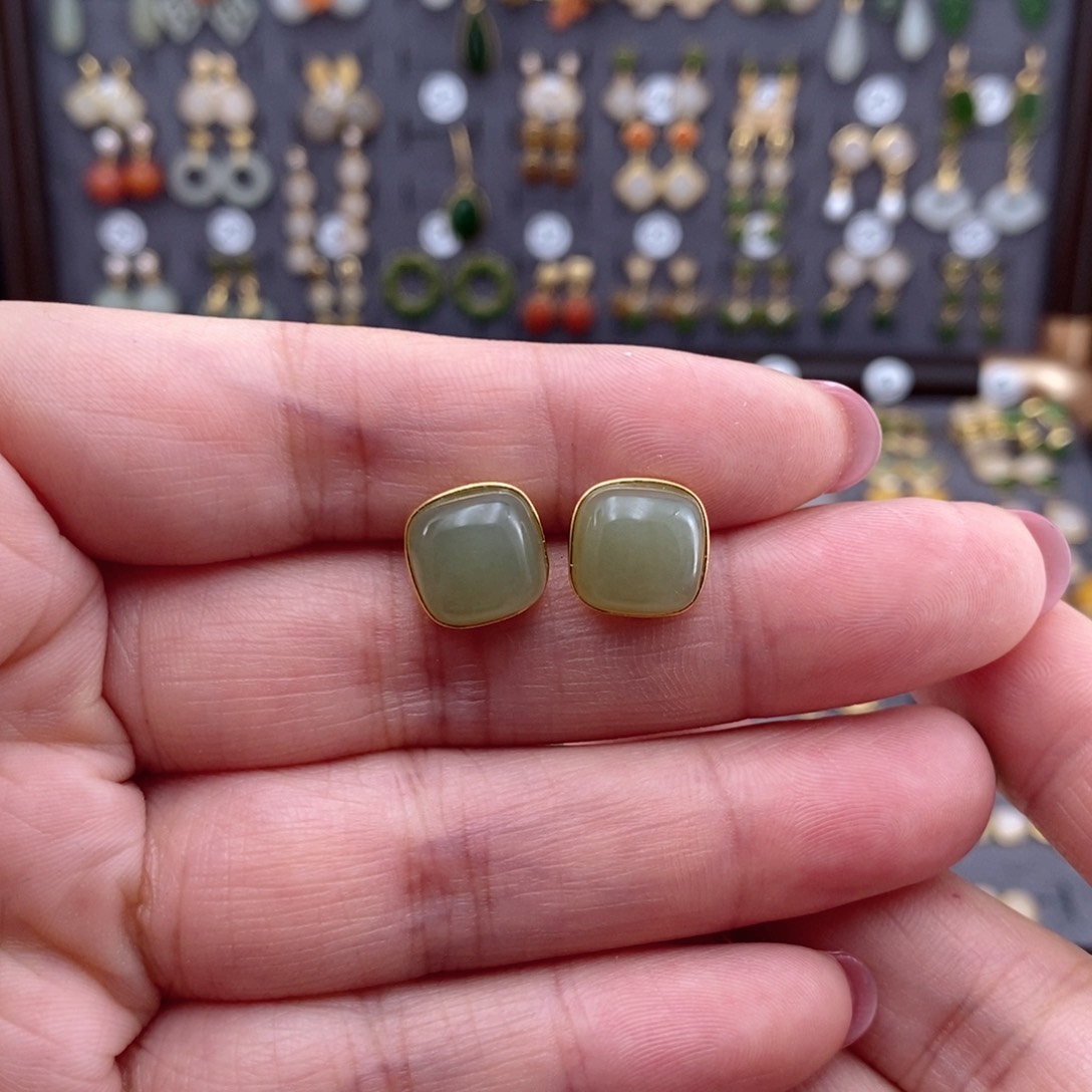 银S925镶嵌和田玉耳饰T*