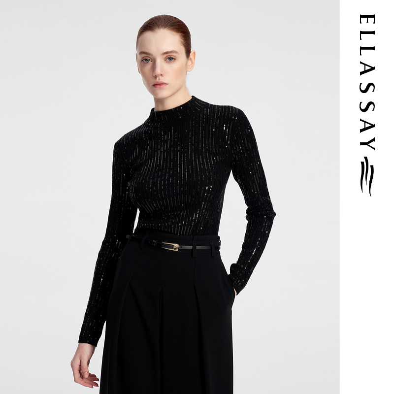 ELLASSAY歌力思早秋新款编织珠片气质半高领针织衫女EWF353M04800
