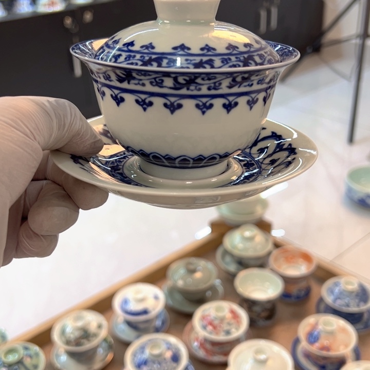 瓷片白青花宝相元宝盖碗全品