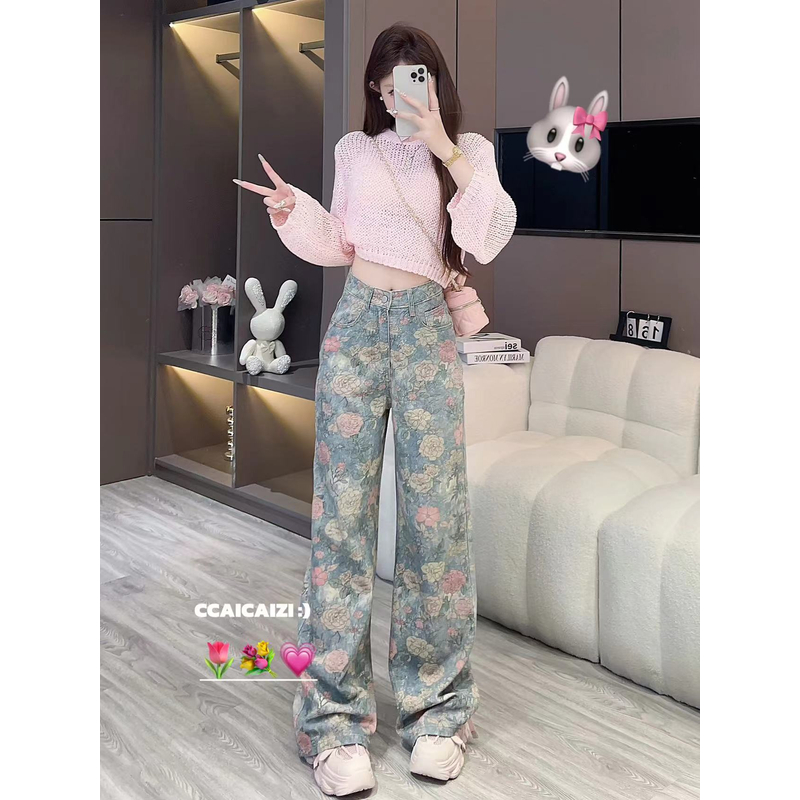 CCA107【古着玫瑰】复古设计感高腰宽松牛仔阔腿裤