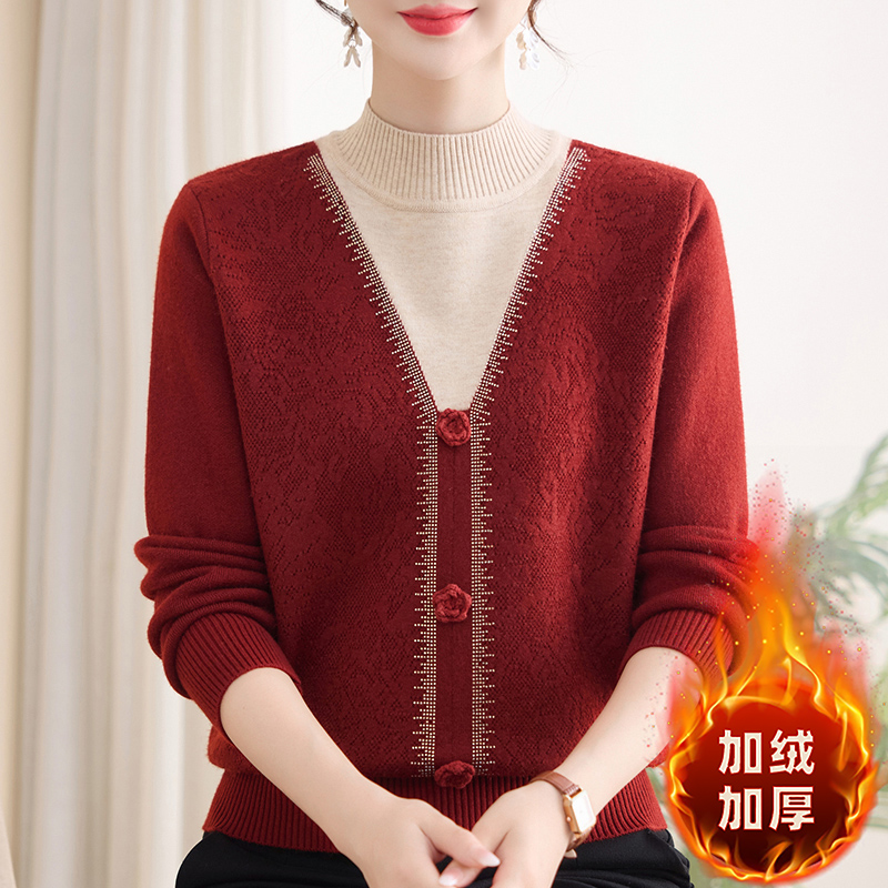 妈妈装秋冬一体绒旗袍领毛衣中年女士加绒加厚减龄假两件针织衫