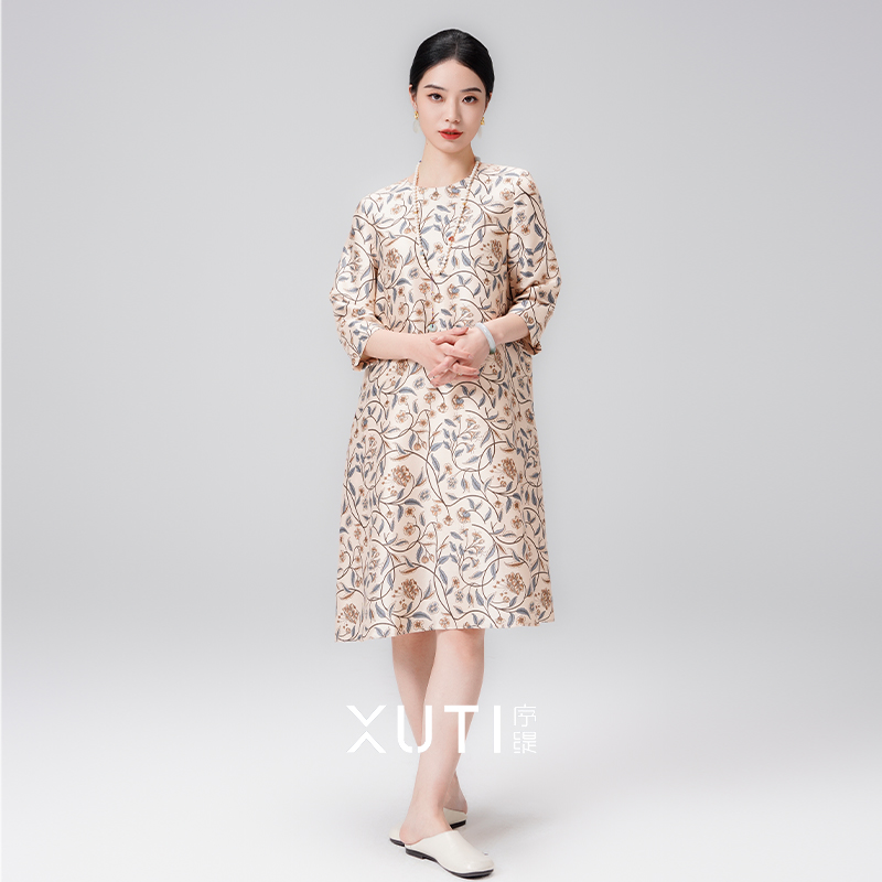序缇春夏新款复古国风新中式女装桑蚕丝羊毛连衣裙H80-6150