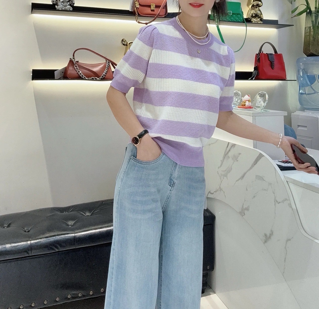 452【紫白条纹  圆领短袖 】高级气质针织女衫