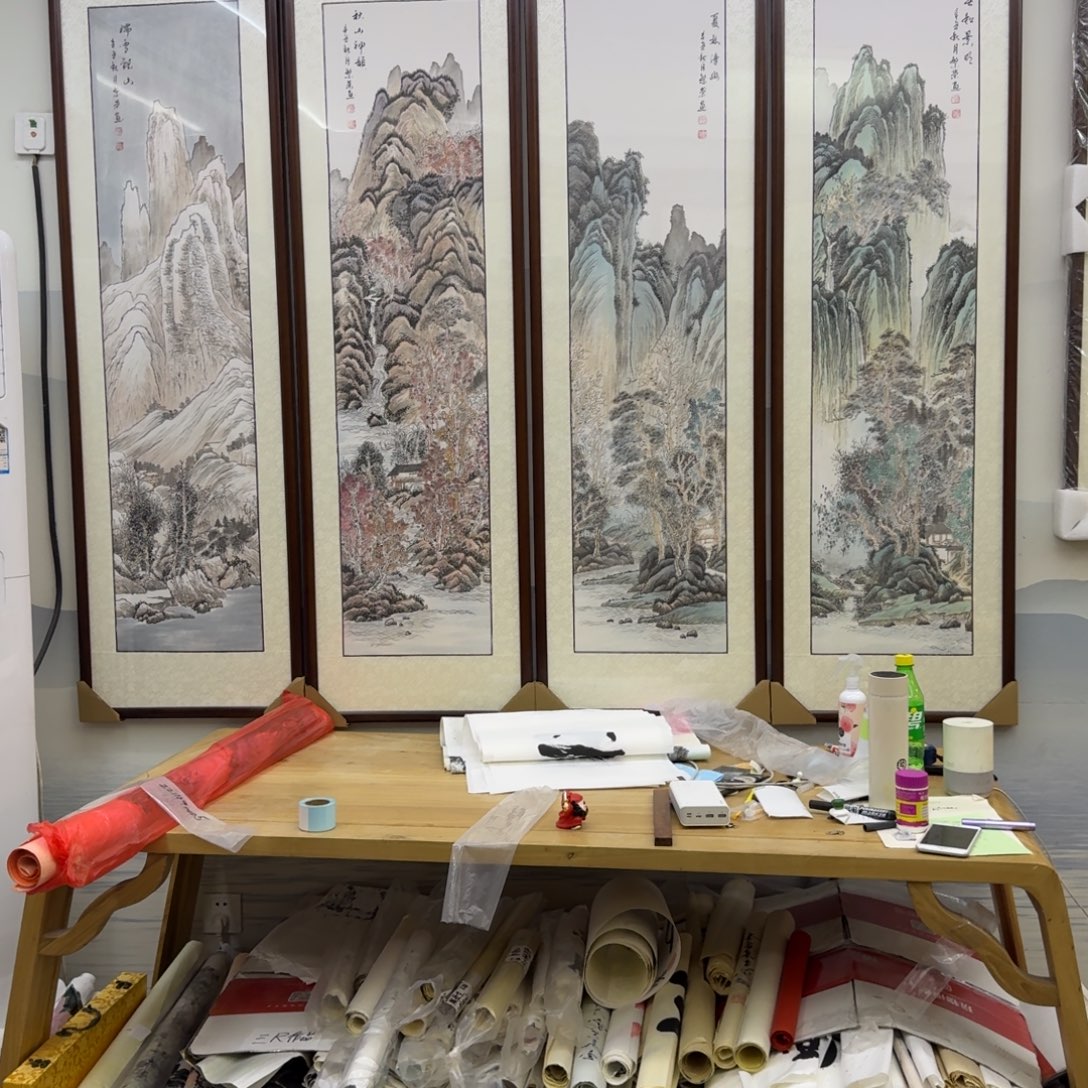 国画春夏秋冬四条屏画框约164×196