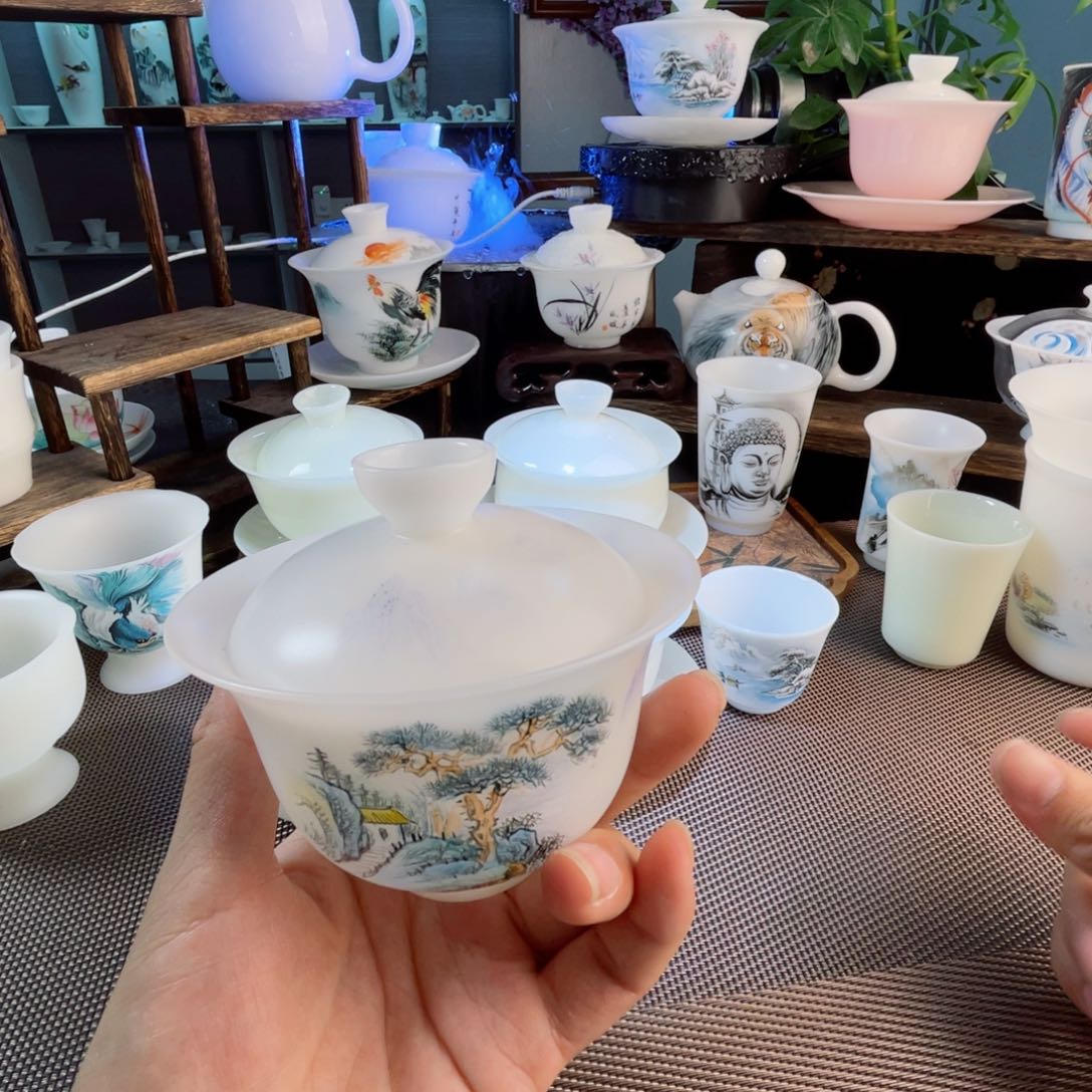 冰晶璞玉山水盖碗三才