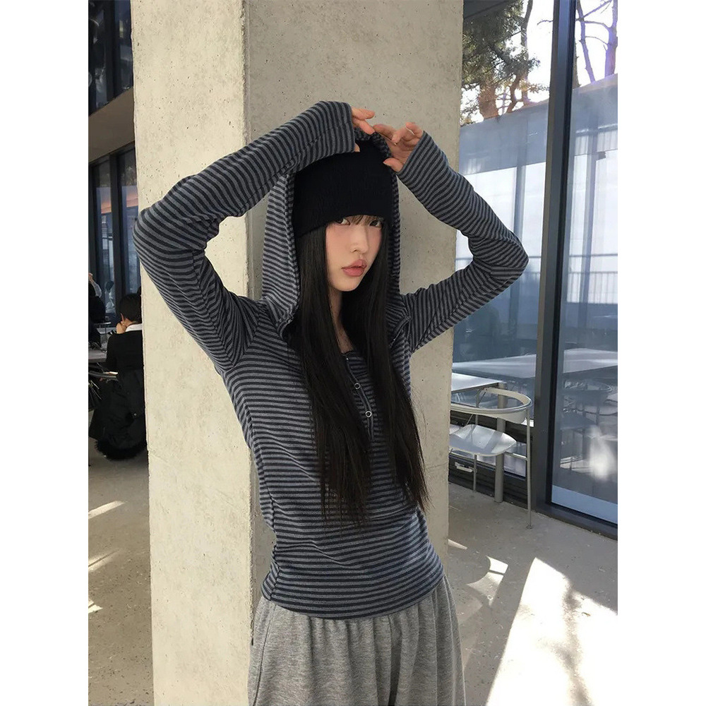 QYao Girls韩系秋季百搭复古简约设计感条纹修身显瘦连帽T恤上衣