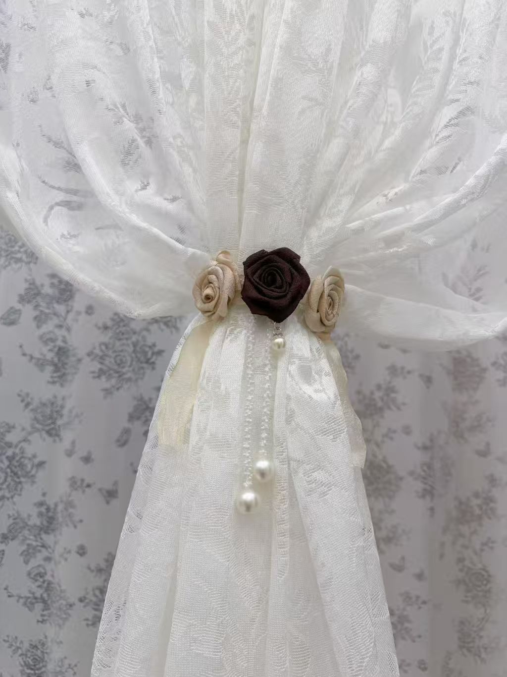 小香风三色山茶花窗帘绑带轻奢创意纱帘装饰美拉德系绑带