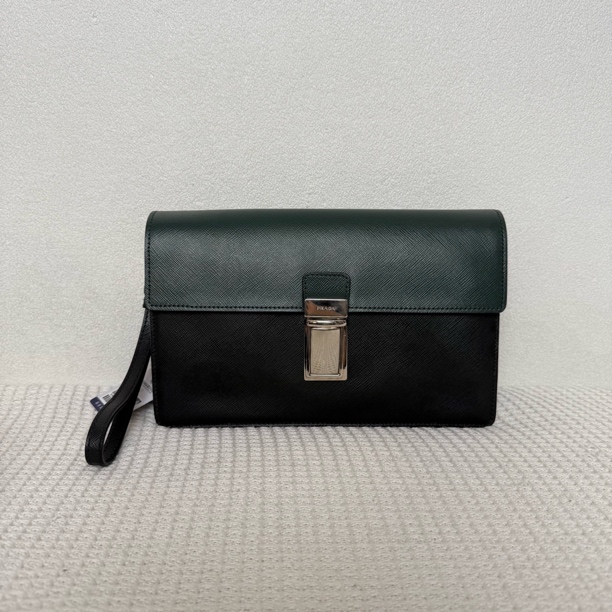 99新 Prada/普拉达 97新/6240男士时尚绿拼黑全皮翻盖手拿包