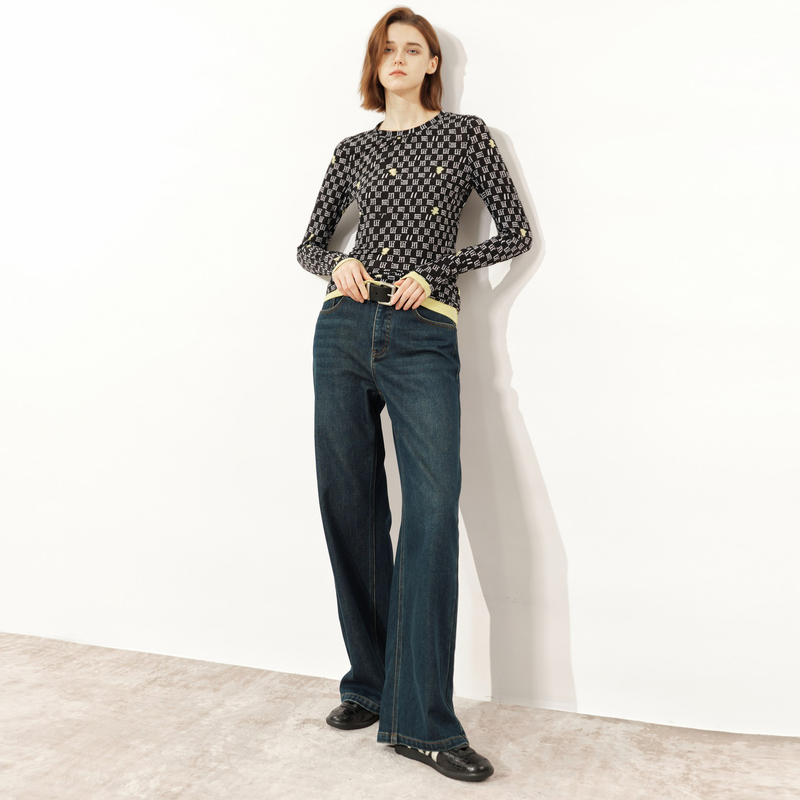 U/TI黑底字母印花修身长袖T恤撞色显瘦秋冬新款通勤内搭打底上衣