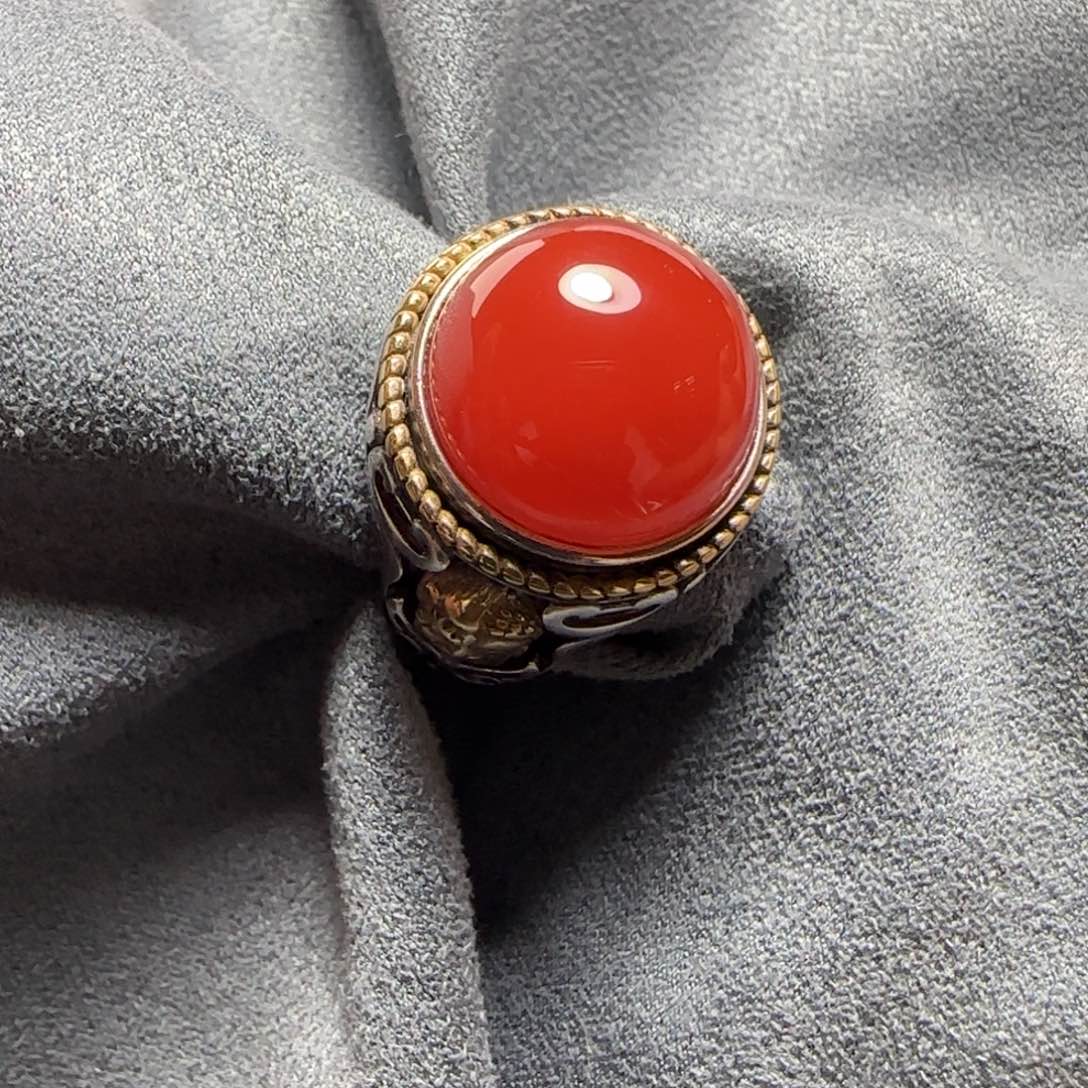 南红玛瑙银镶男戒锦红未镶嵌