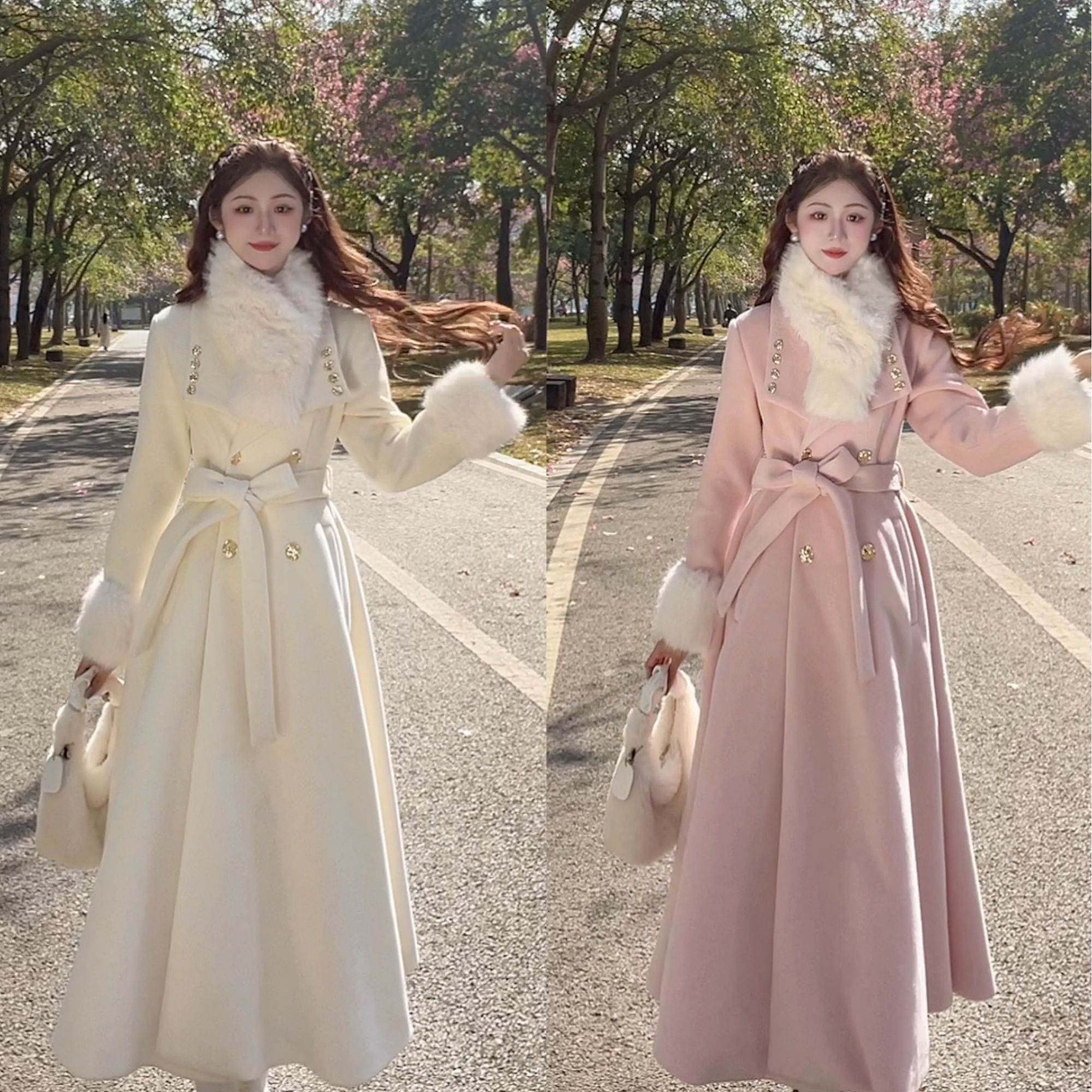 【梓晴】新年甜美显瘦毛呢收腰大衣香风过膝轻奢外套洋气裙摆大衣