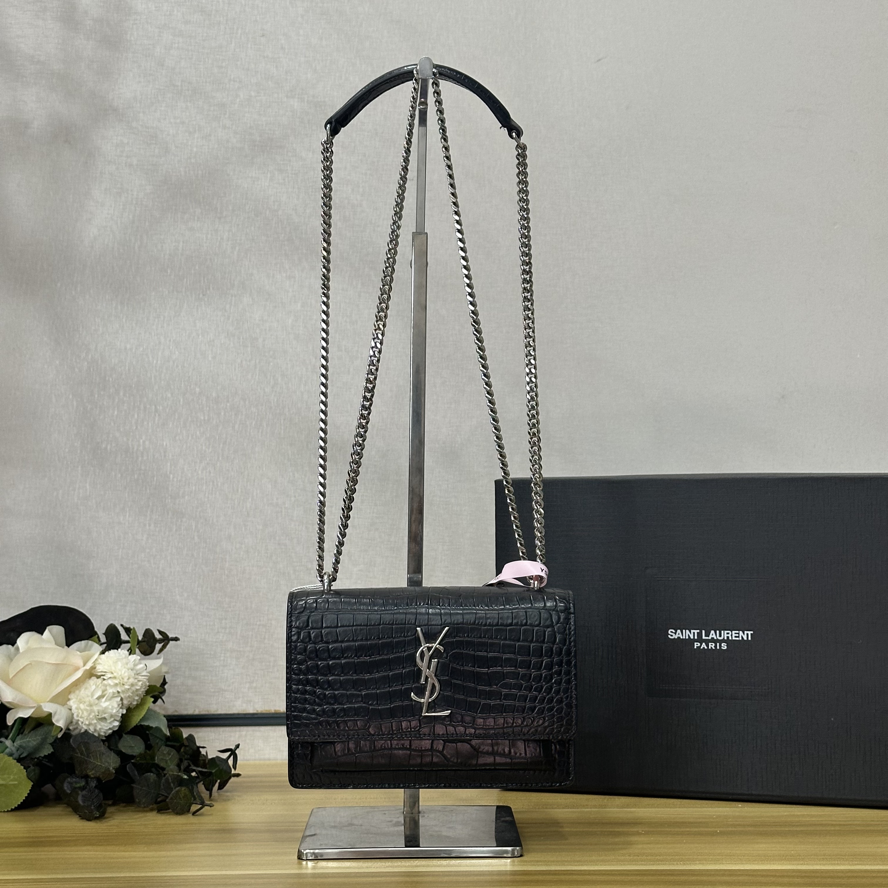99新 YSL/圣罗兰 壹所奢品/ysl黑银鳄压纹kate日落mini斜跨包