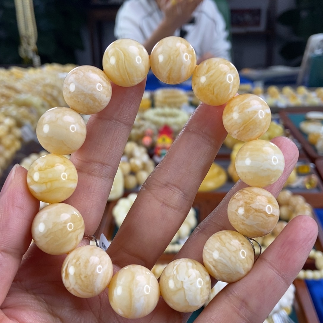 琥珀手链未镶嵌16圆珠同料虎皮36.73