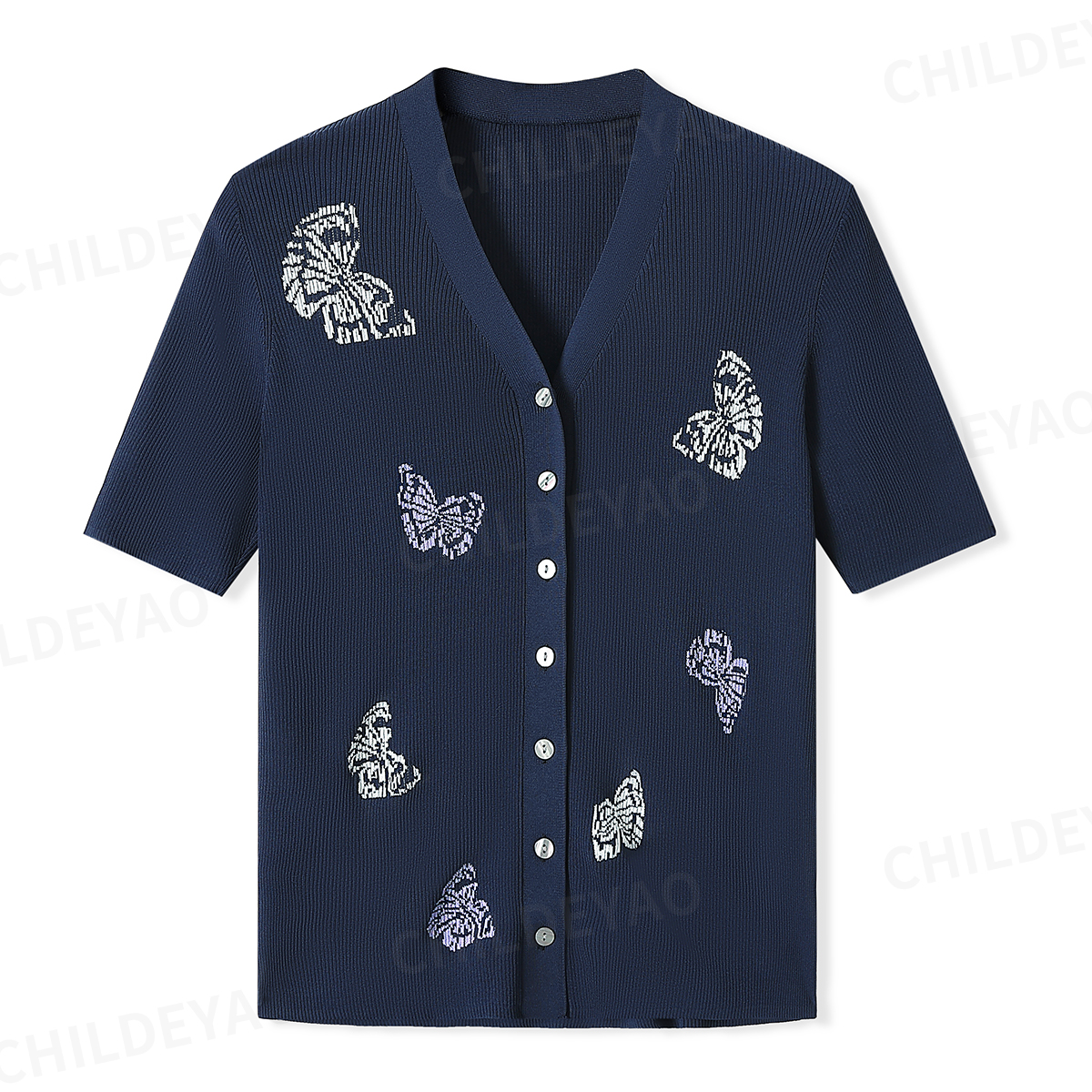 CHILDEYAO『断码福利』曲珠纱坑条短袖嵌花针织开衫上衣S40709薄款