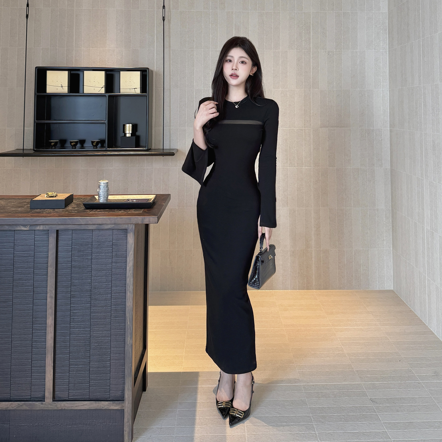 instahot 性感镂空长袖秋冬内搭连衣裙御姐气质修身包臀裙长裙