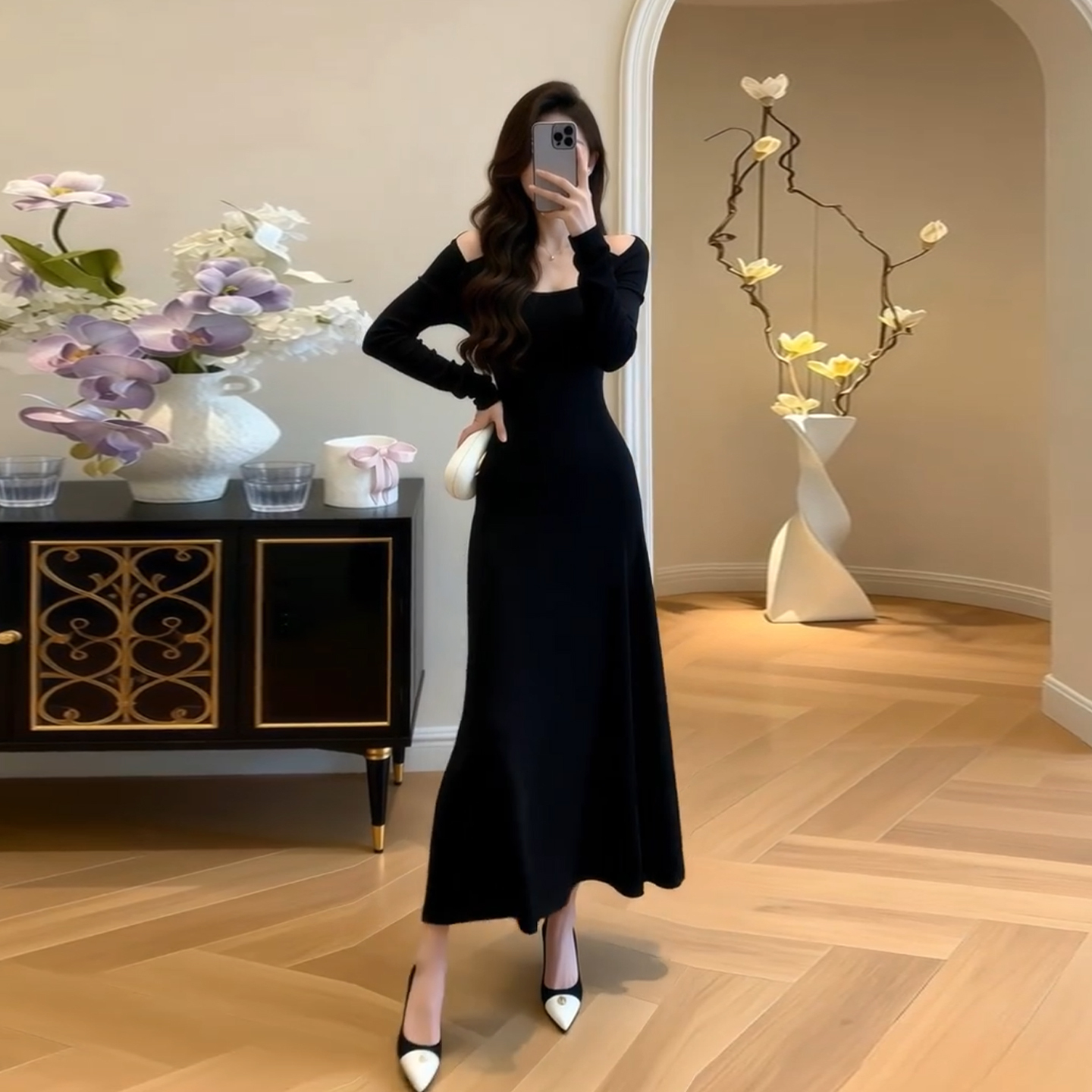 法式独特长款蕾丝针织拼接连衣裙女秋冬超好看打底修身鱼尾长裙子