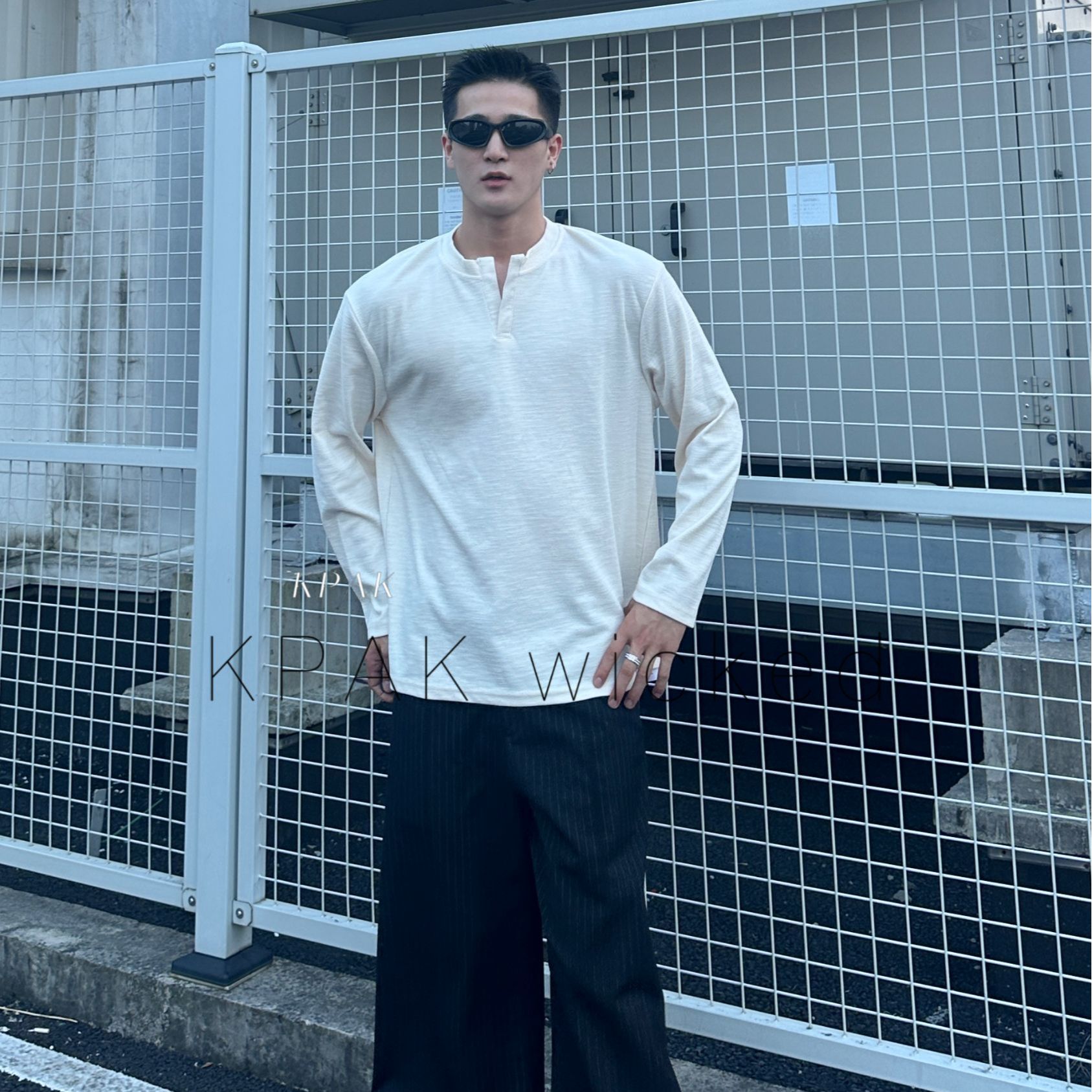 初秋松弛感亨利领长袖T恤男士百搭宽松复古体恤衫休闲运动上衣tee