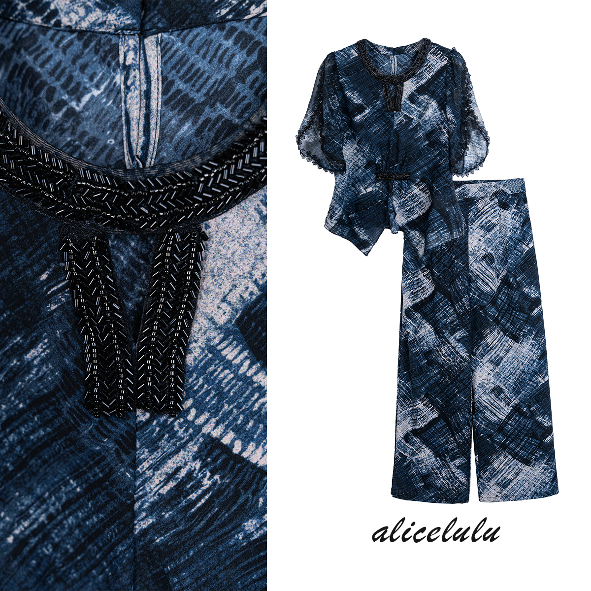 5 alicelulu 时尚设计感烫钻上衣阔腿裤两件套套装 S2143812W