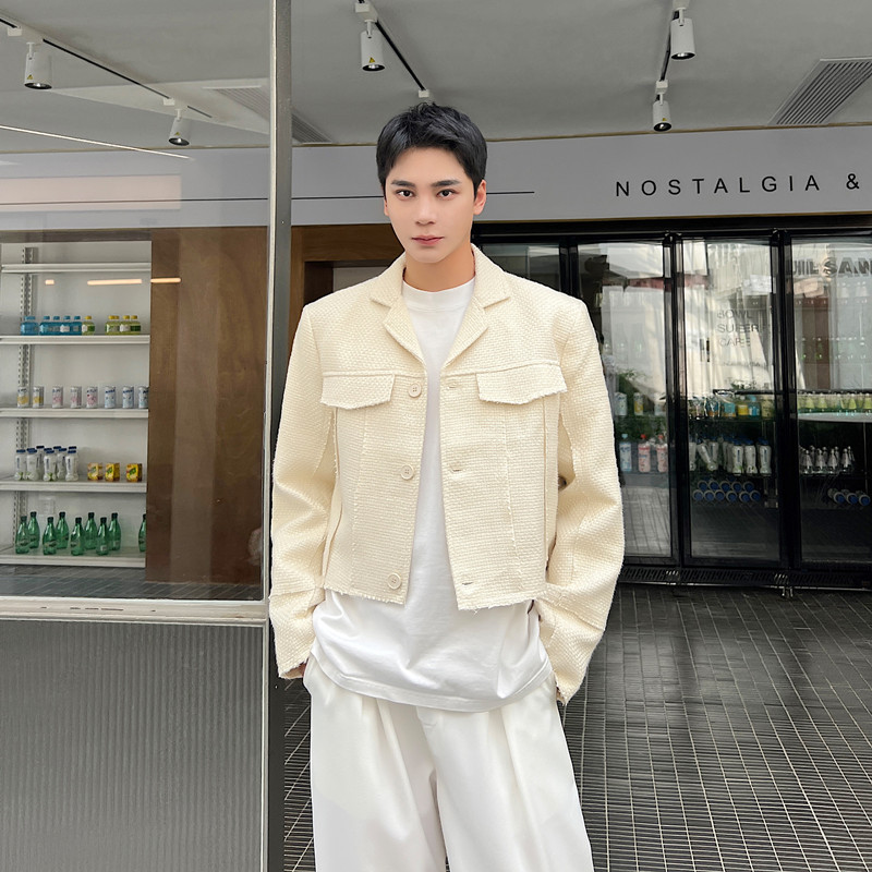 6396超短款男士毛边设计编织小香风夹克时尚潮流穿搭造型外套