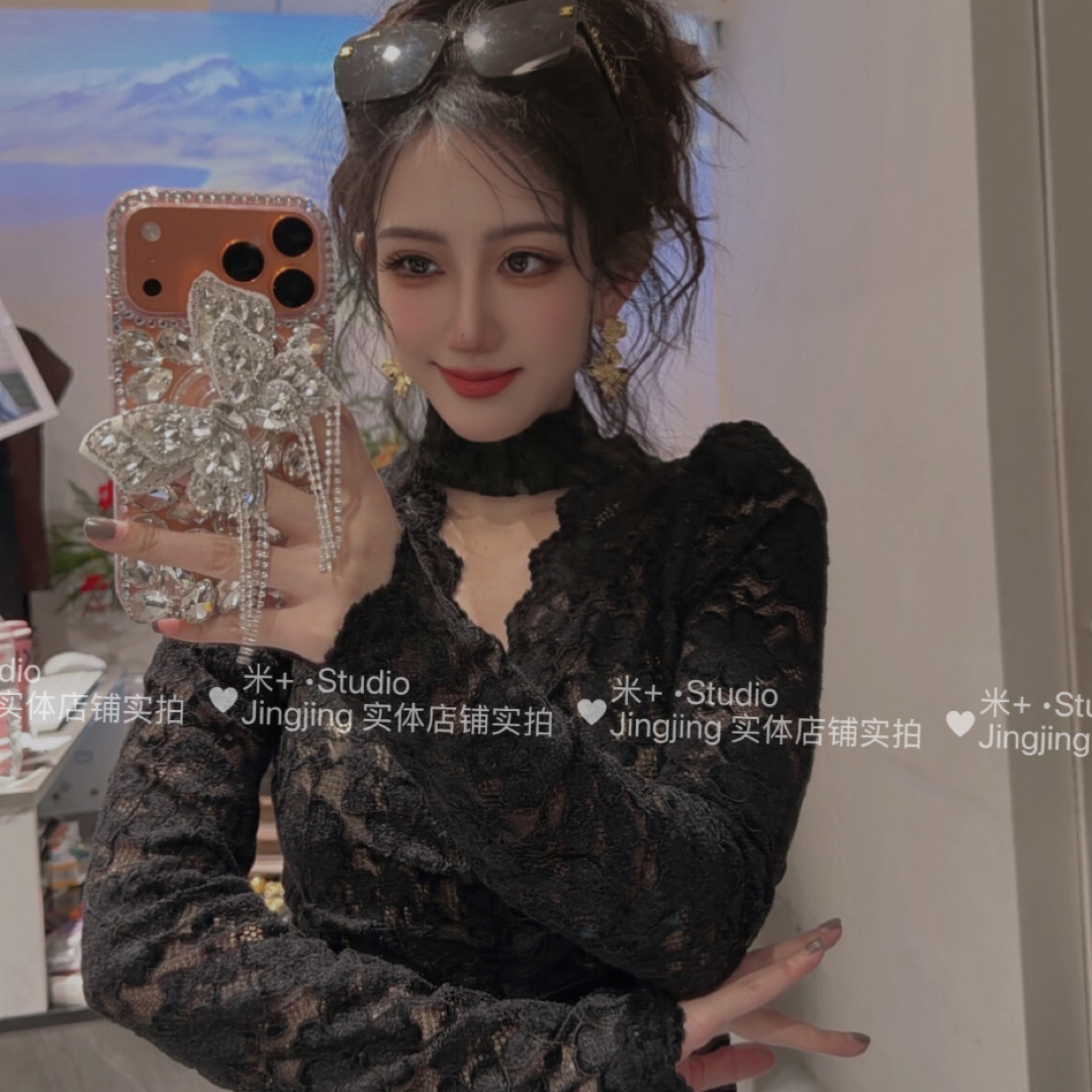 米+【有拉链】半高领有拉链加绒蕾丝氛围显瘦蕾丝上衣