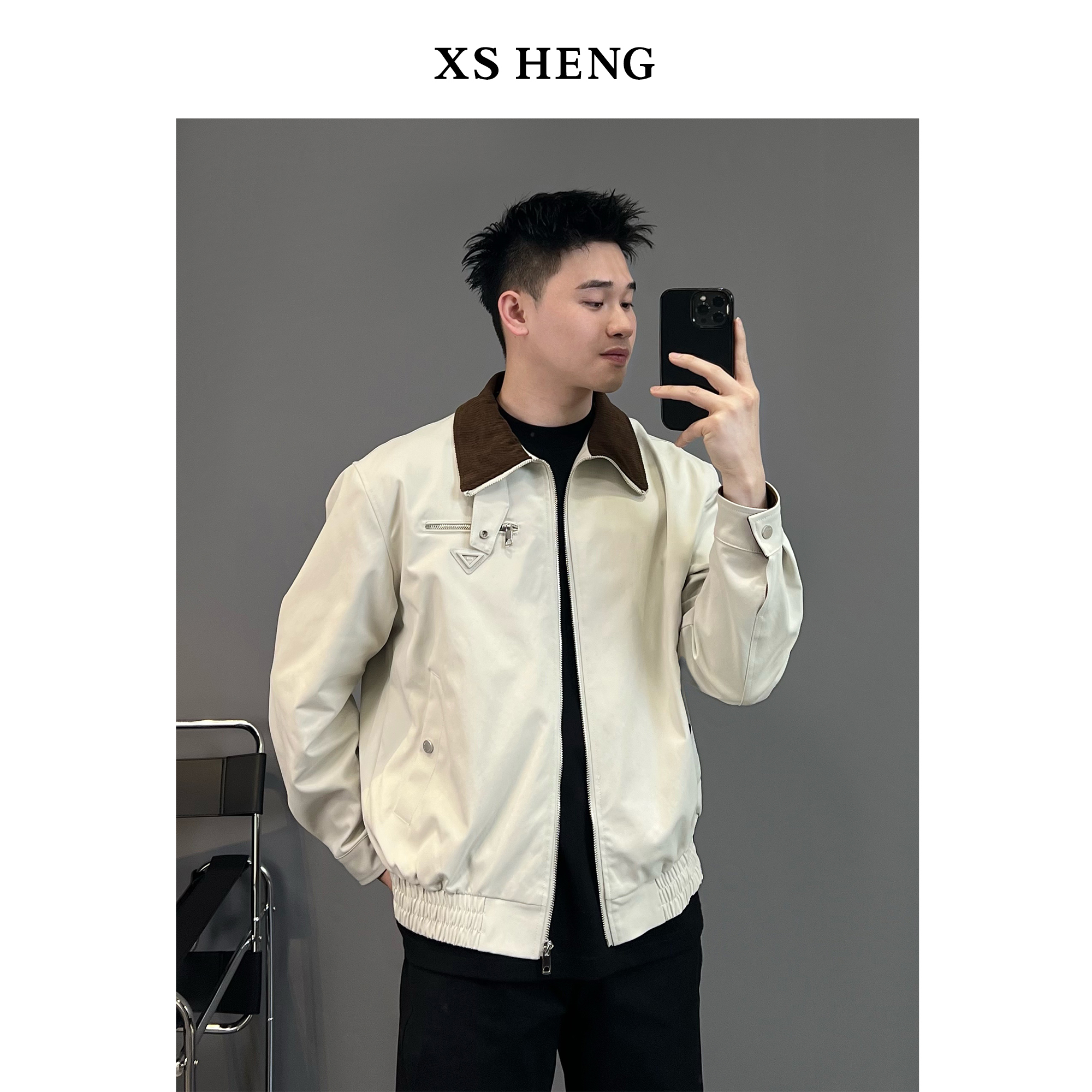 春季清/男士极简外套三角标撞色翻领时尚夹克宽松休闲外套#3388