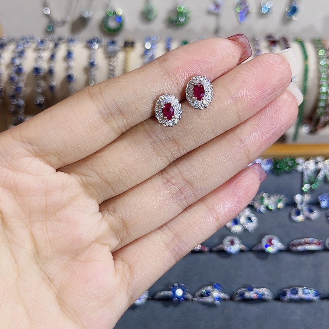 红宝石耳饰银S925镶嵌