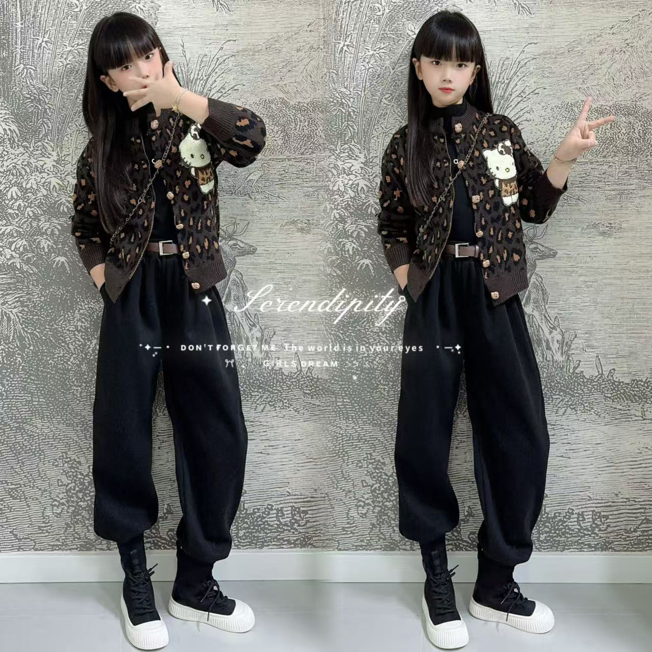 女童2025秋冬新款豹纹针织开衫时髦时髦豹纹开衫两件套