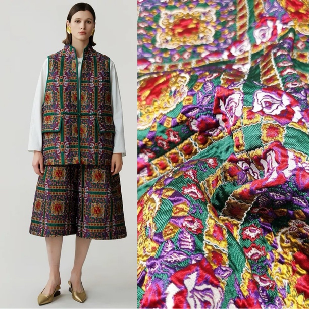 欧美大格纹爱马风浮雕提花风衣面料秋冬厚实西装外套时装布料高级