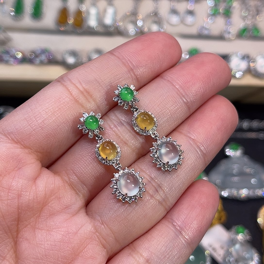 翡翠18K金镶嵌耳饰三色多彩