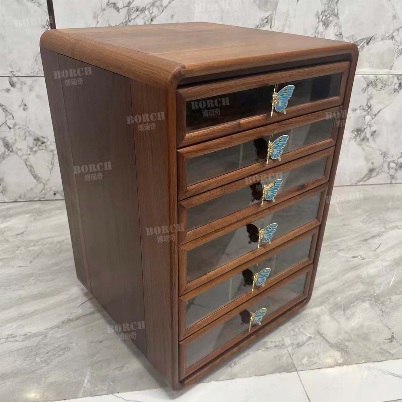 博瑞奇黑胡桃蝴蝶多层收纳蓝色珐琅彩黄铜六抽玄关柜  09978