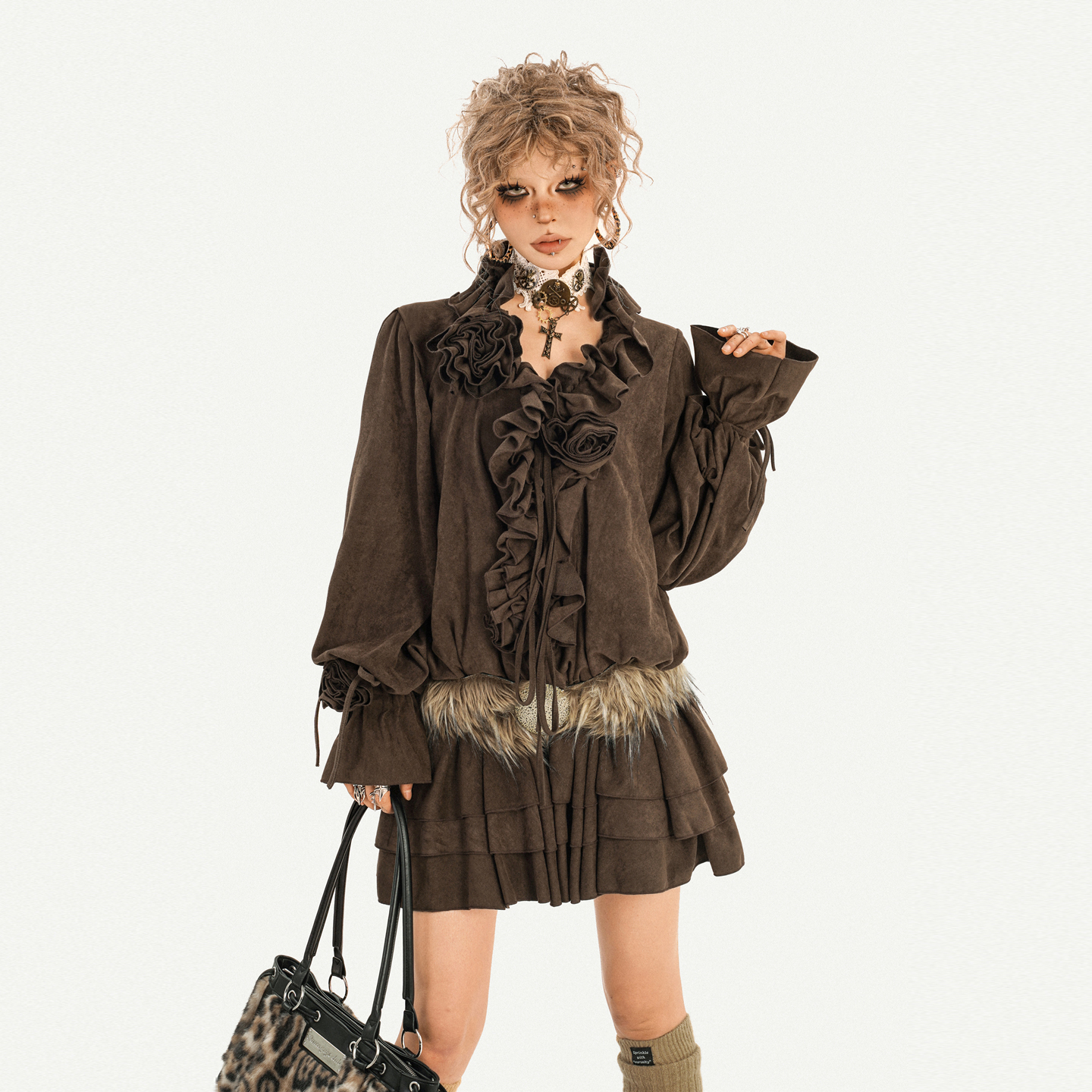 奶酷墨莉时尚巴洛克褶皱衬衫裙套装女荷叶边收腰短裤两件套L25962