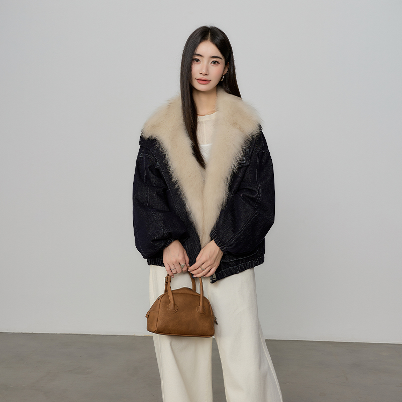 北境之歌 进口狐狸皮草外套女中长款90白鹅绒羽绒牛仔派克服25233