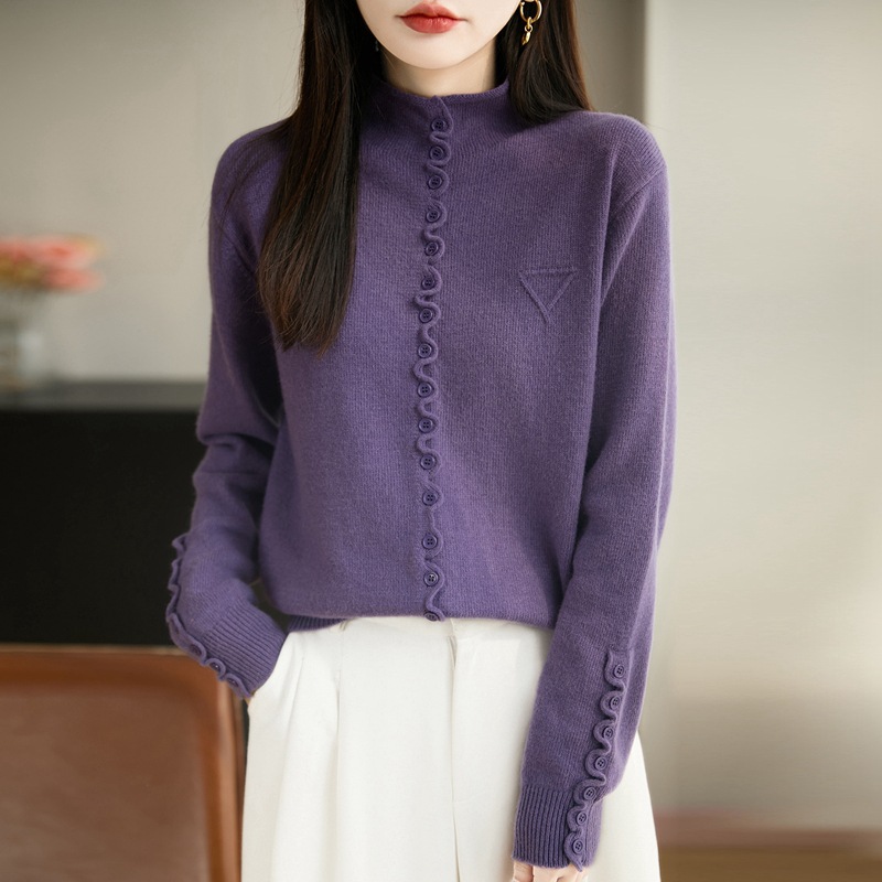 法式老钱风花边纽扣设计感针织衫女2025秋冬加厚保暖洋气打底毛衣