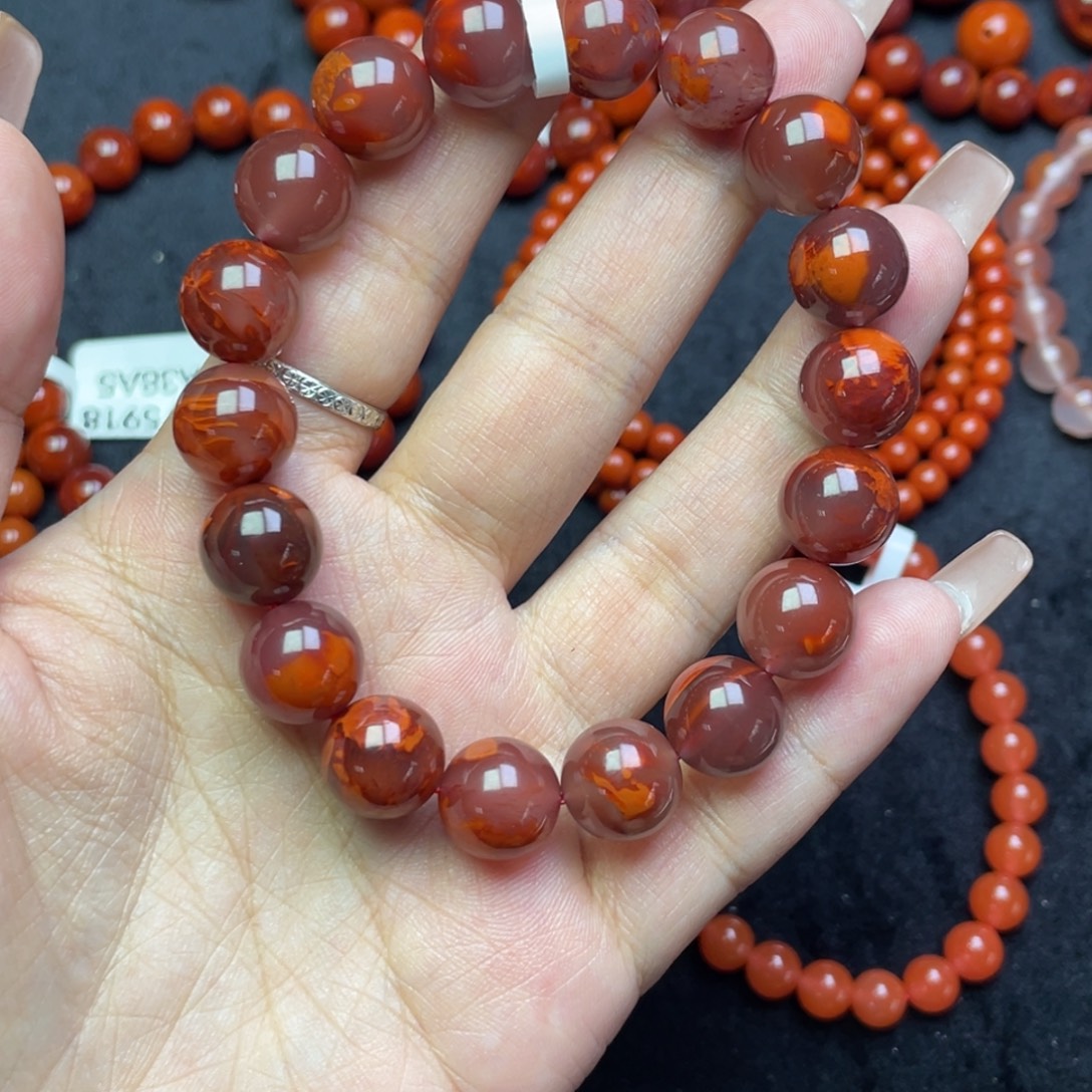 龙***门南红玛瑙未镶嵌手串原矿南红妖火焰手串单圈卡10