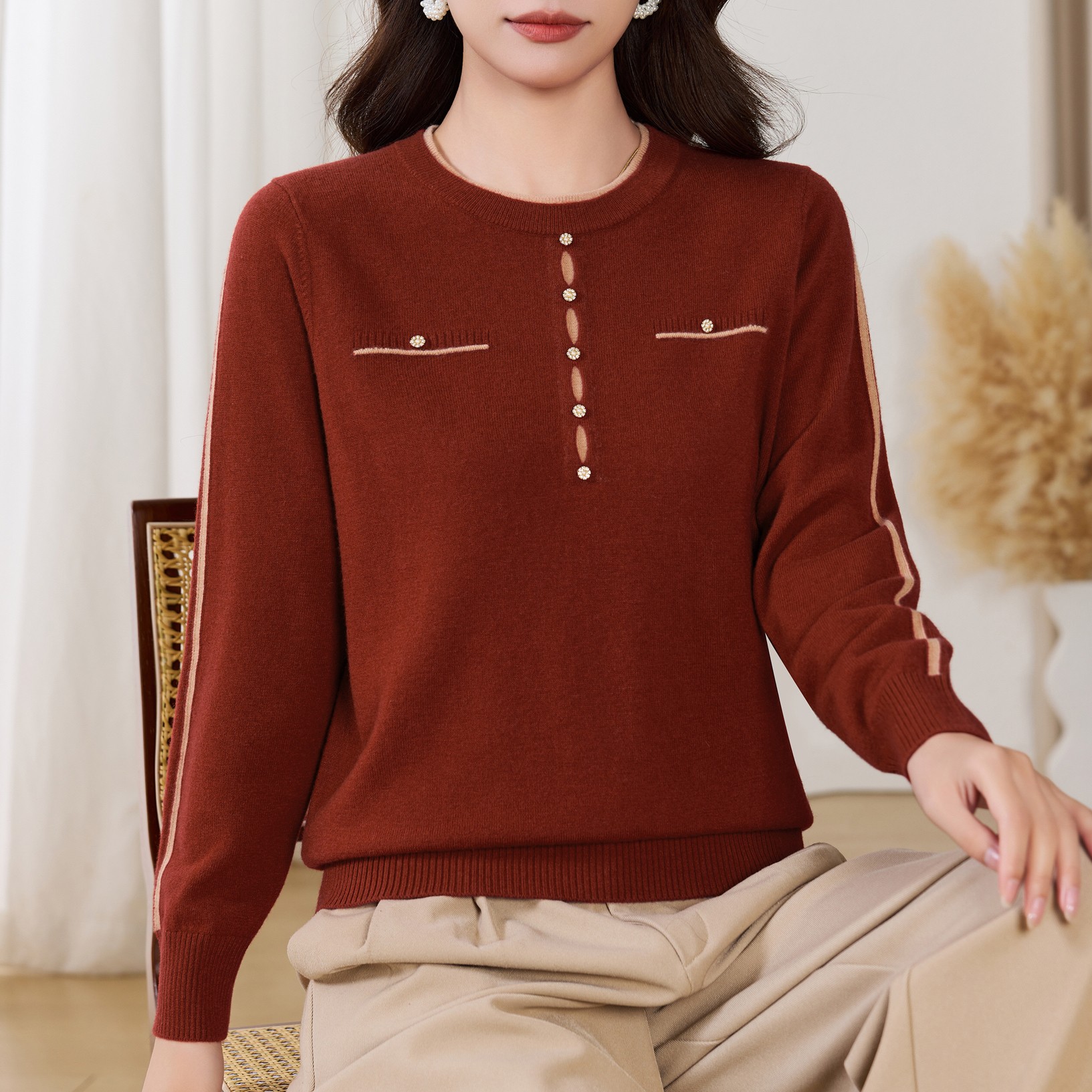 秋冬羊毛衫圆领打底中老年宽松妈妈衫