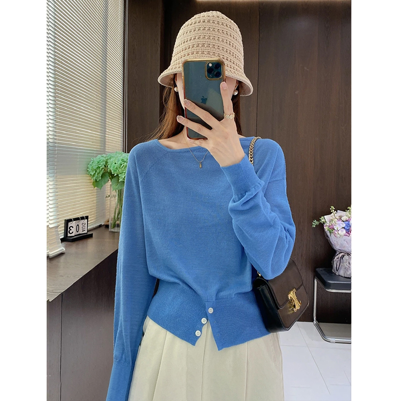 克莱因蓝长袖针织衫毛衣女早秋季新款气质收腰设计感上衣