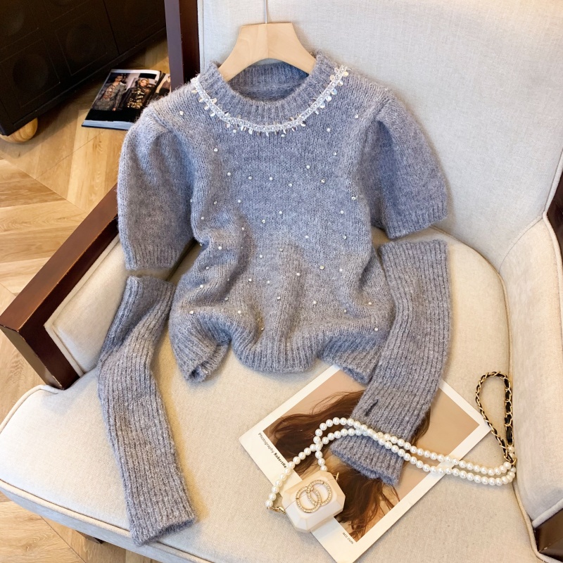 新款圣诞红刺绣装饰短袖毛衣衫泡泡袖可爱蝴蝶结冬季保暖时尚上衣