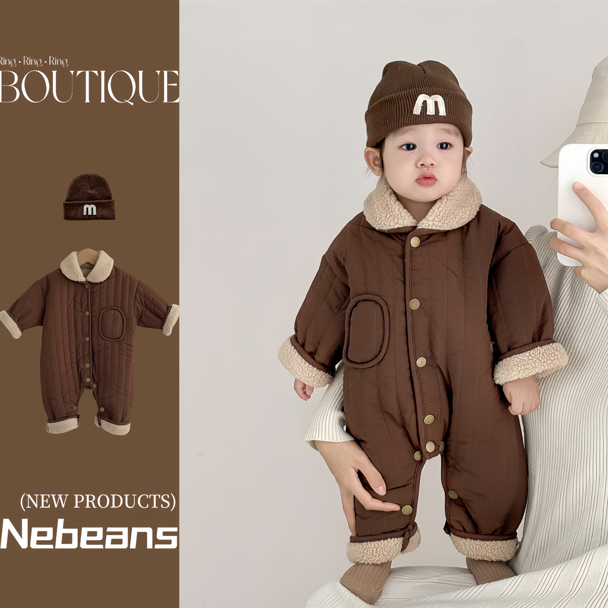 （送帽子）秋冬加绒男女宝潮款哈衣爬服婴儿小棉袄连身衣咖色外出