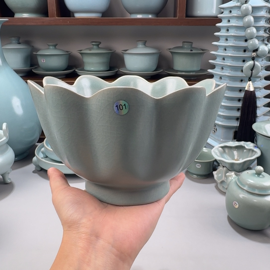 陶瓷摆件微瑕汝窑仿古釉大号莲花碗编号101