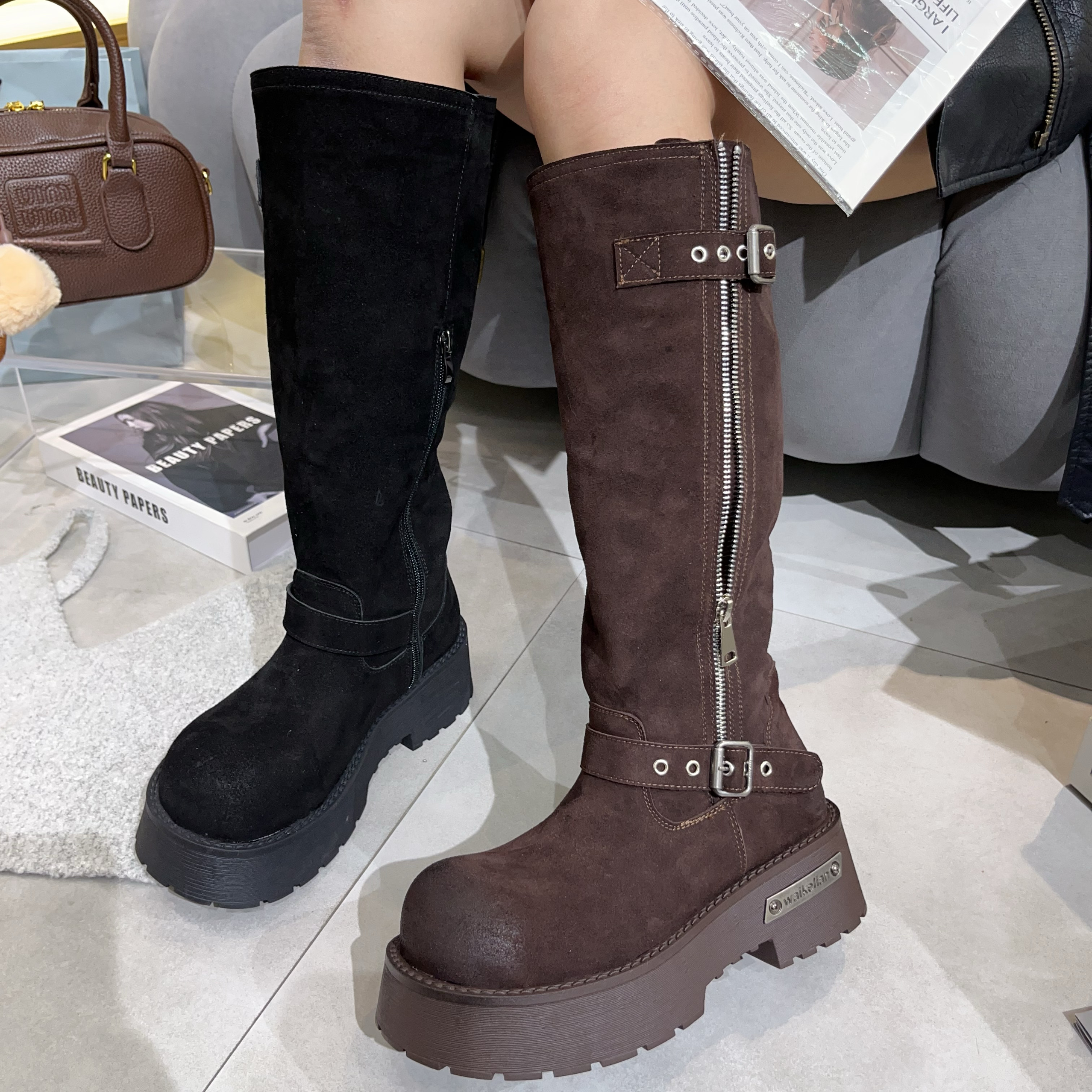 【小涵家】秋季新款欧洲站小众时尚磨砂皮厚底【7cm】假日风瘦腿靴ins