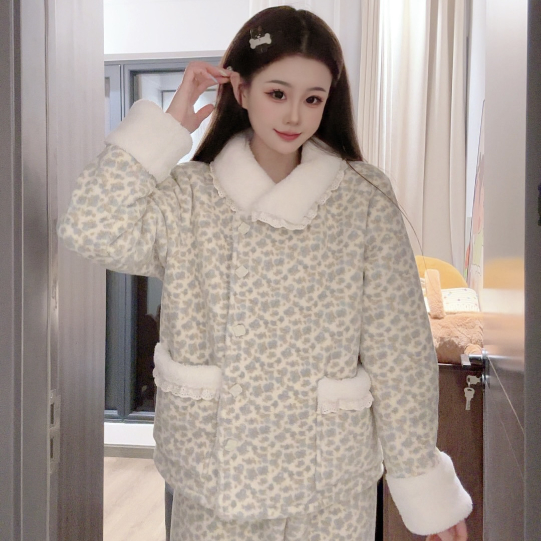 （奶油花花）冬季小清新加厚休闲保暖毛绒绒过冬睡衣女家居服可外穿