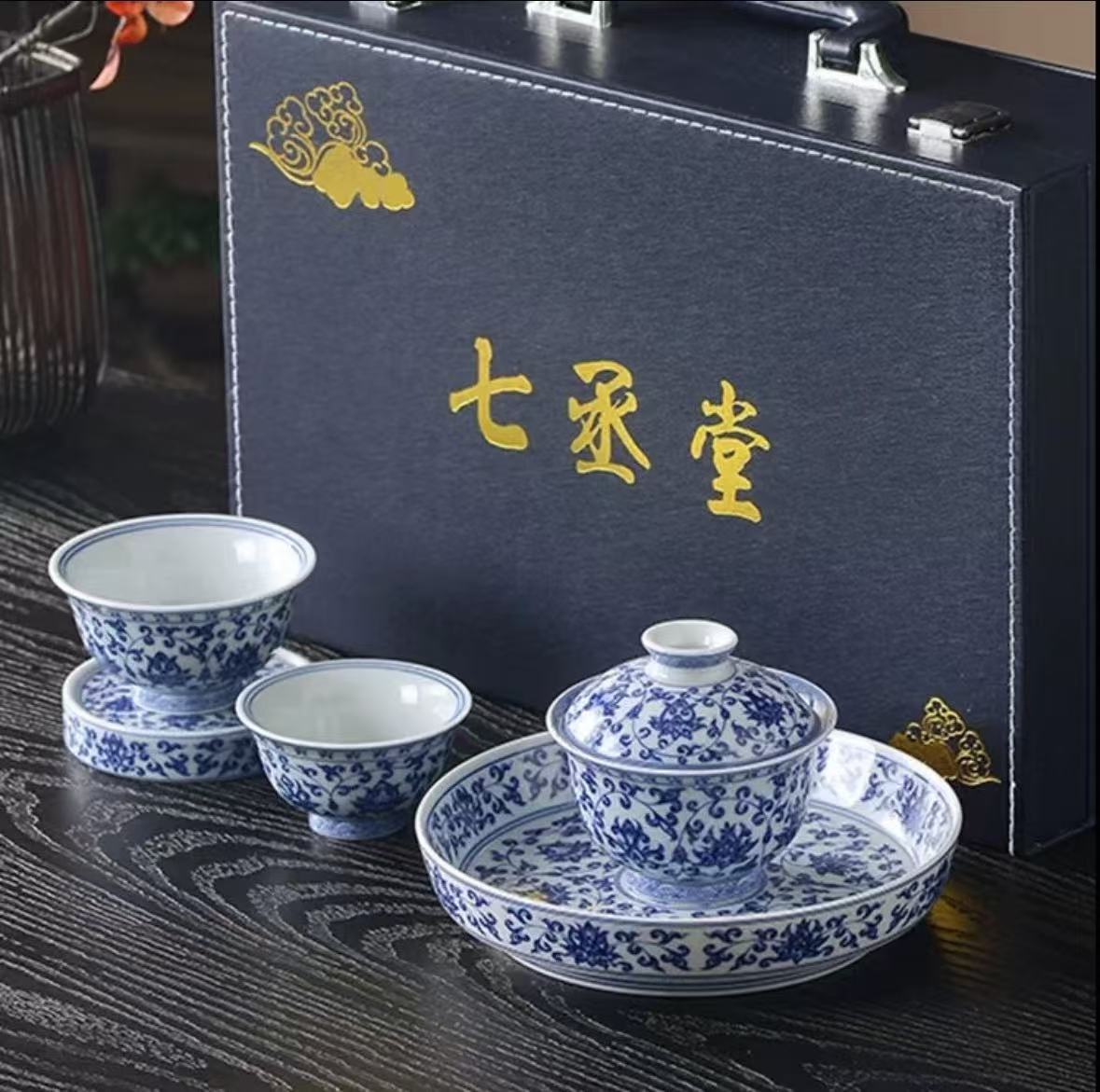 釉下彩青花永乐缠枝莲茶具茶杯套组茶盖碗高档五件套