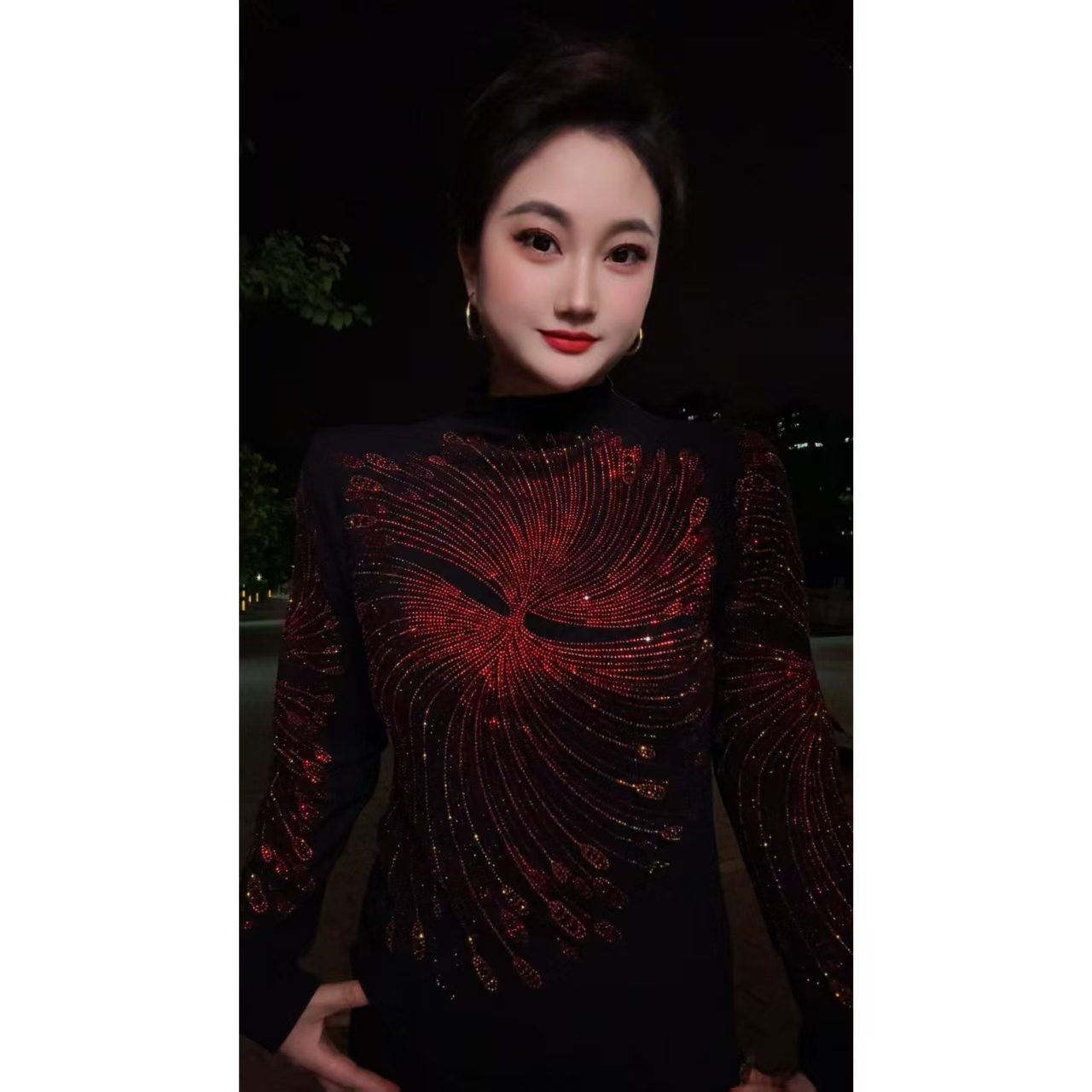 【5253红蓝款】打底衫女内搭秋冬时尚烫钻上衣修身显瘦D