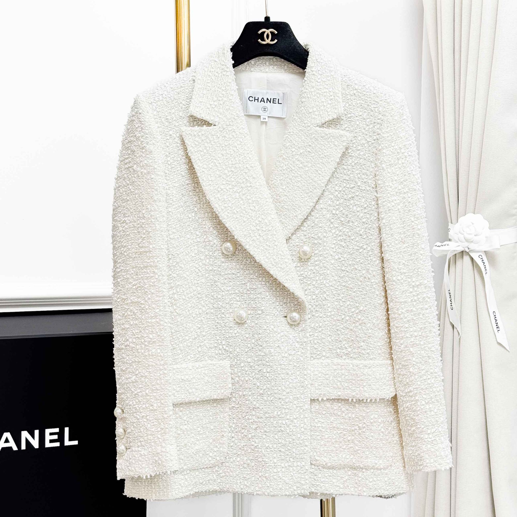 99新 Chanel/香奈儿 38码 白色 亮片 双排珍珠扣 编织 西装外套